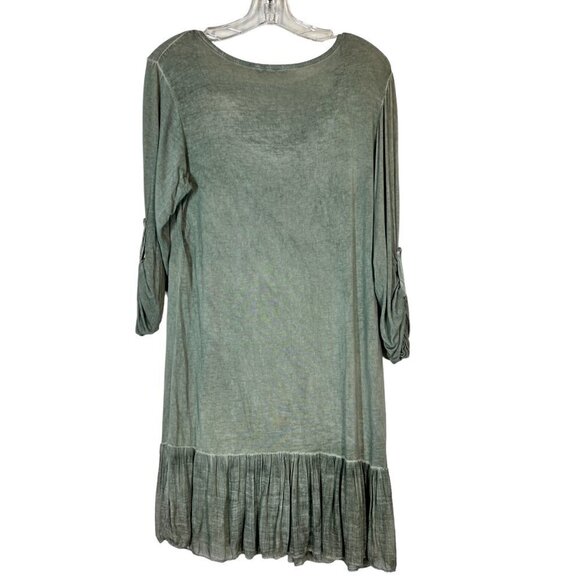 Green Mini Tunic Dress Ruffle Hem Soft Made in Italy Lagenlook Minimalist - Picture 3 of 8